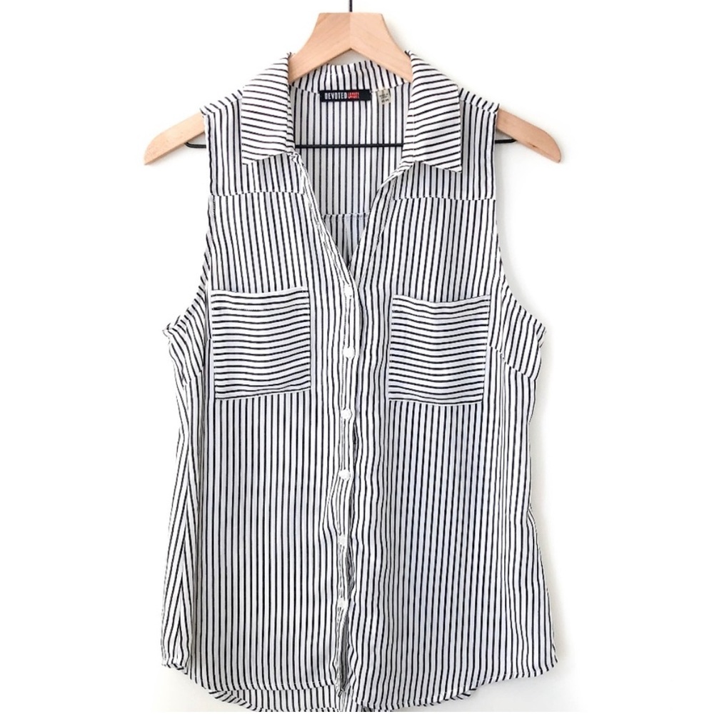 Devoted Luxury Button Down Tank Top Blouse Pockets Black White Lightweight